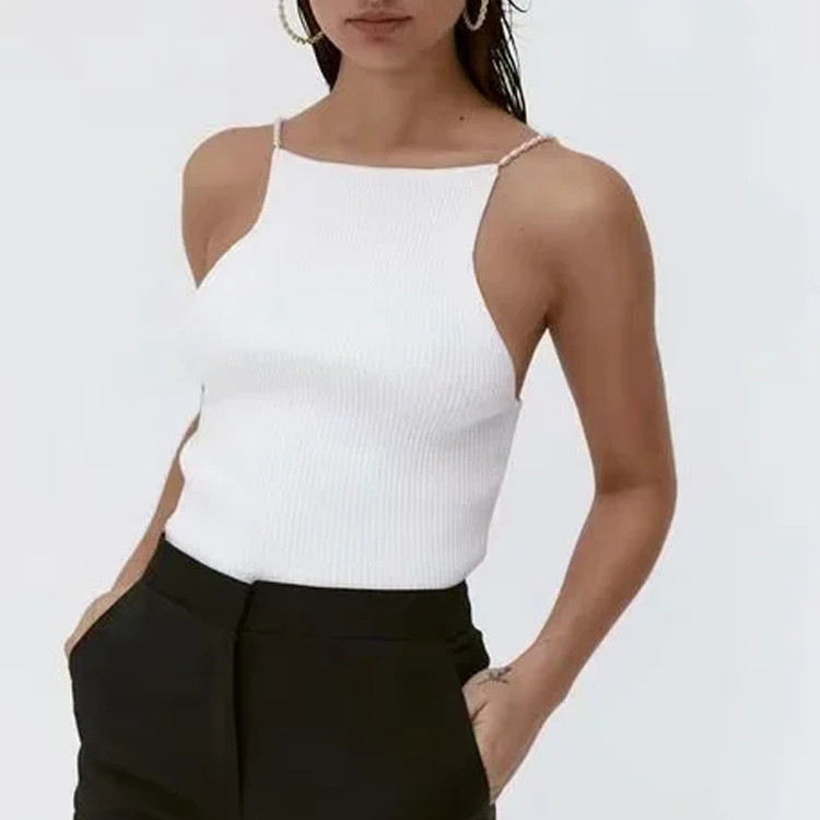 Ladies Style New Pearl Chain Knitted Camisole Slim Short Halter Solid Color All-Match Vest Women