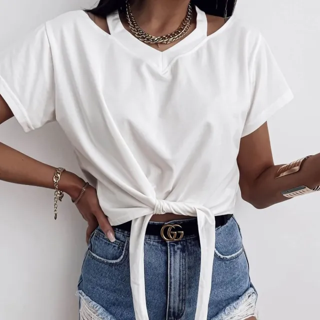 Summer Lace Round Neck Waist Solid Color Short Top Short Sleeve T Shirt Women White - Shop at LoveMi