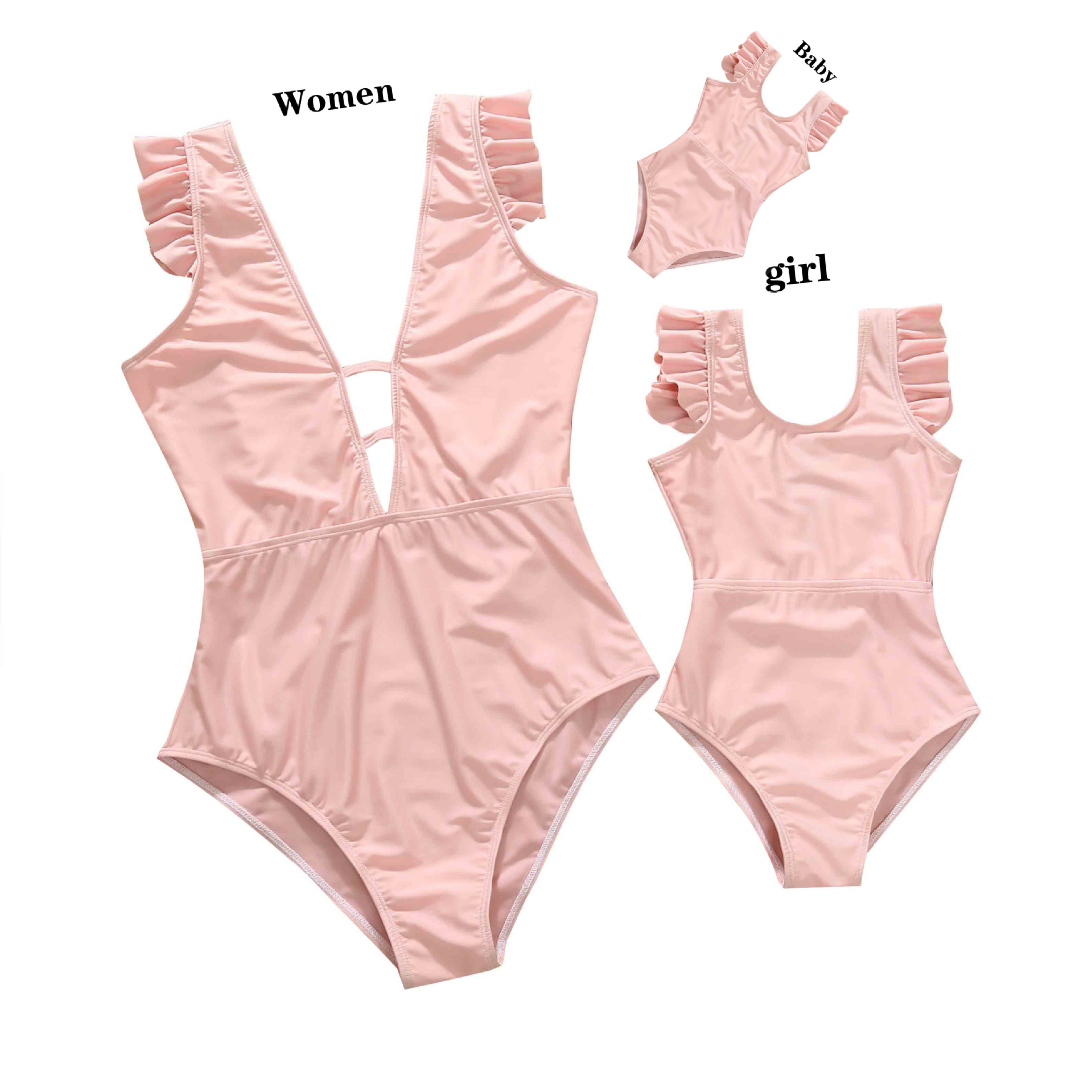 Parent-child Swimsuit European And American Mother And Daughter Baby Pink V-neck One-piece Family Swimsuit