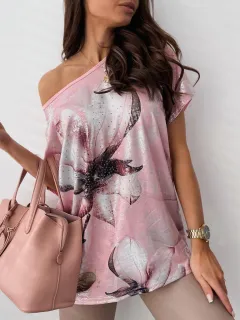 New Summer Round Neck Loose Fitting Pullover Print Short Sleeved Top - Pink - View 1