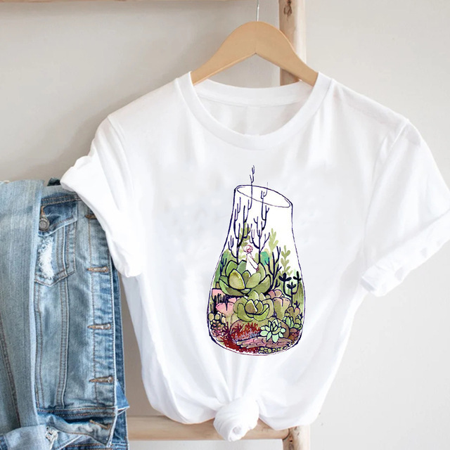 Cactus Cartoon Sweet Lady Street Fashion Clothing Printed Tee T-Shirt