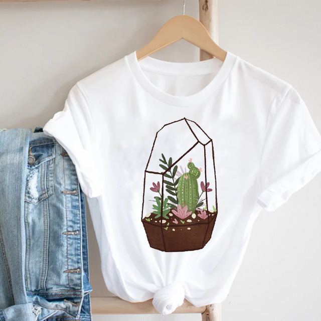 Cactus Cartoon Sweet Lady Street Fashion Clothing Printed Tee T-Shirt