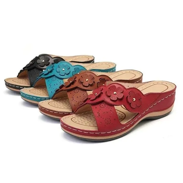 Low Slope Heel Sandals And Slippers One Line Cross Retro Flower Sandals Red - Shop at LoveMi