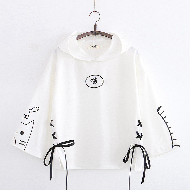 New And Cute Junior High School Birthday Cat Japanese Print Hooded Cotton Sweater Women White - Shop at LoveMi