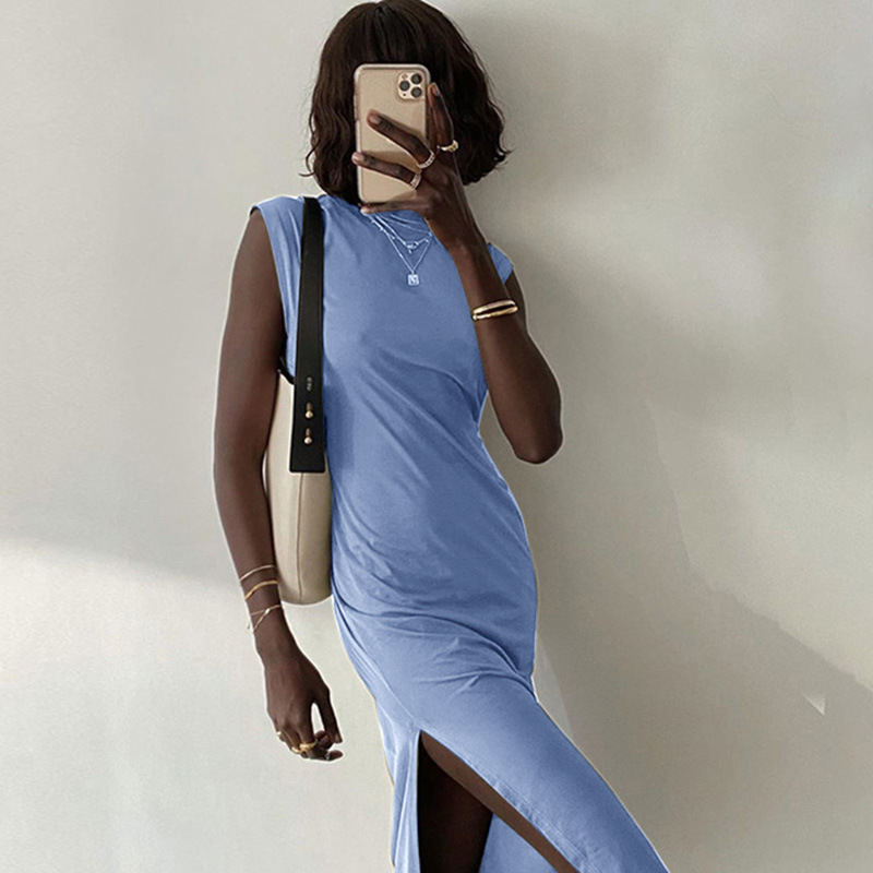 Sleeveless Shoulder Pad Dress Split Casual Style Hip Skirt