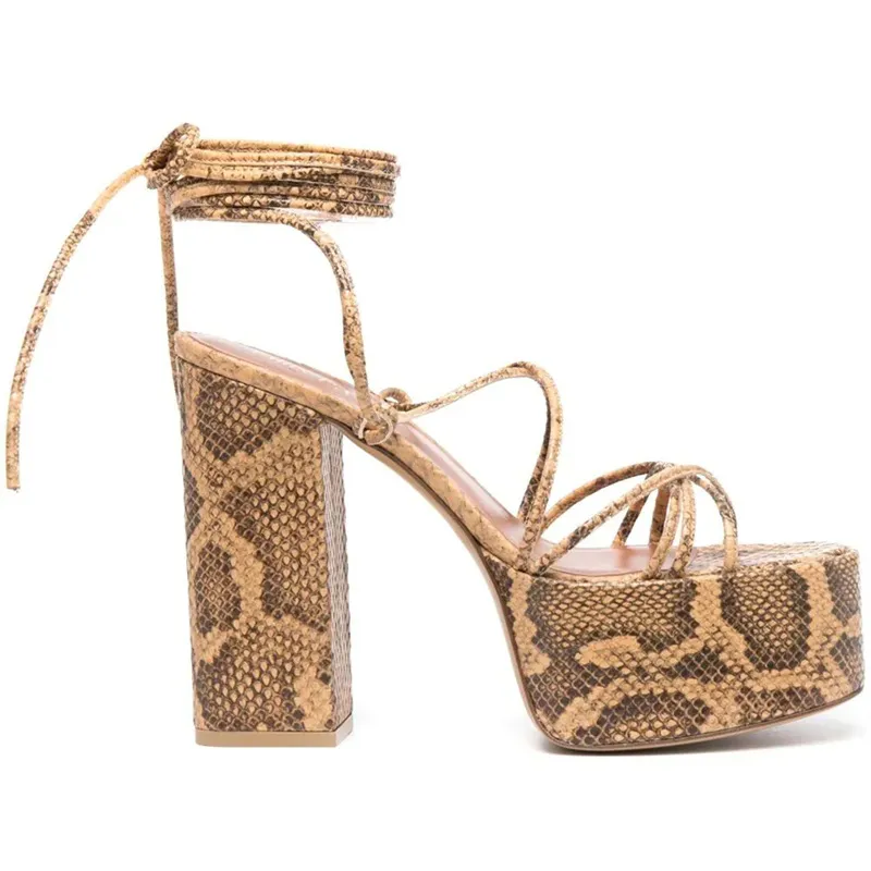 High-Heeled Platform Strappy Fashion Round-Toe Sandals Lace-Up Platform Shoes For Ladies - Khaki