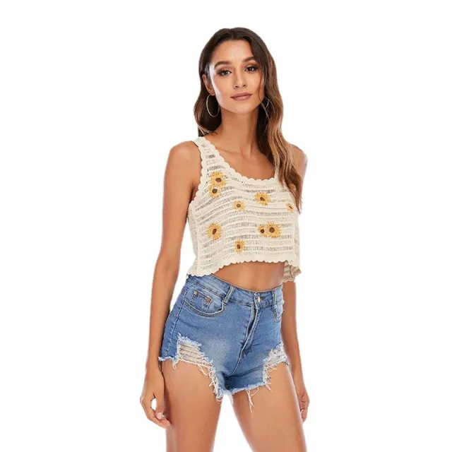 Cropped Tops Embroidery Hollow Sleeveless Knitted Pullover Vest Women'S Anti Sack Clothing Ivoire - Shop at LoveMi