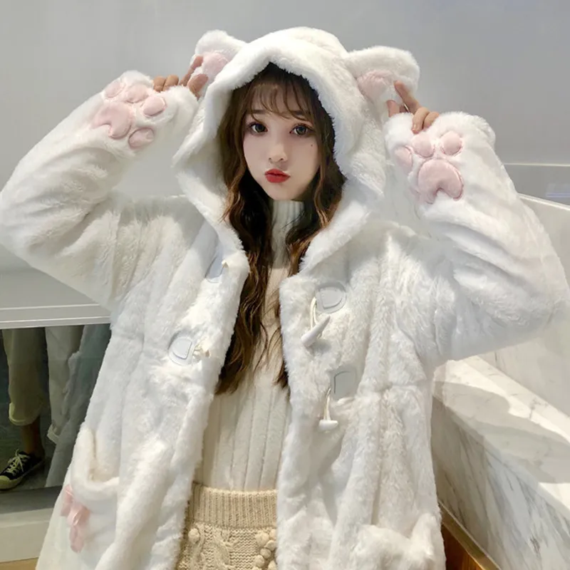 Sweet Winter Cotton-Padded Jacket Women'S Plus Velvet Thickened Horn Buckle Loose And Thin Hooded - White