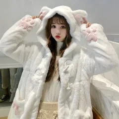 Sweet Winter Cotton-Padded Jacket Women'S Plus Velvet Thickened Horn Buckle Loose And Thin Hooded - White - View 1