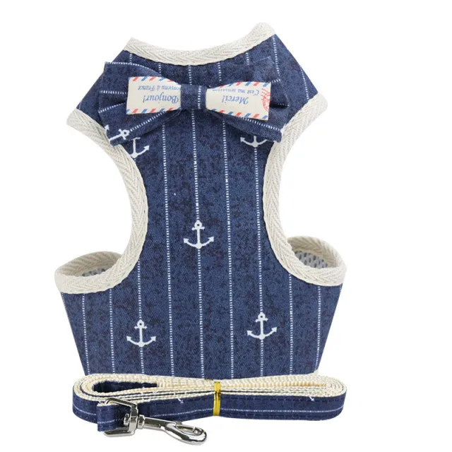 New Dog Leash Suit Vest Style Bowknot Chest Back Navy Blue Stripes - Shop at LoveMi