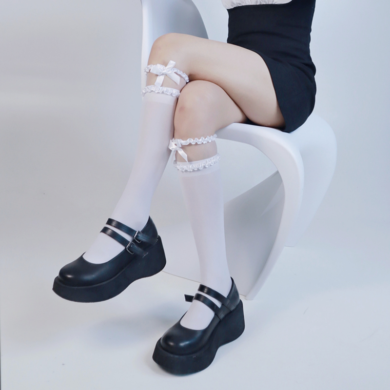 Lolita Lace Middle Tube Stockings Japanese Sweet Bowknot Satin Lace Long Tube Pile Stockings Jk Dark Wind