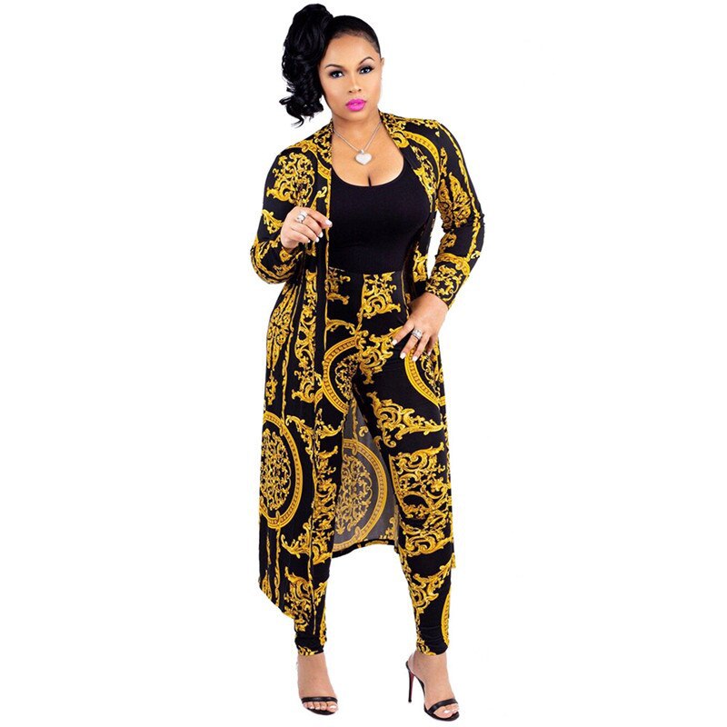 Long Jacket Casual Print Trouser Suit 2 Pieces