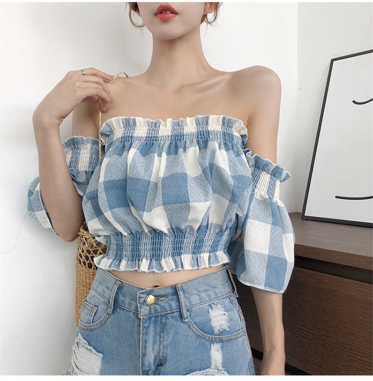 Small Shirt Clavicle Strapless Retro Hepburn Style French Plaid One-shoulder Top