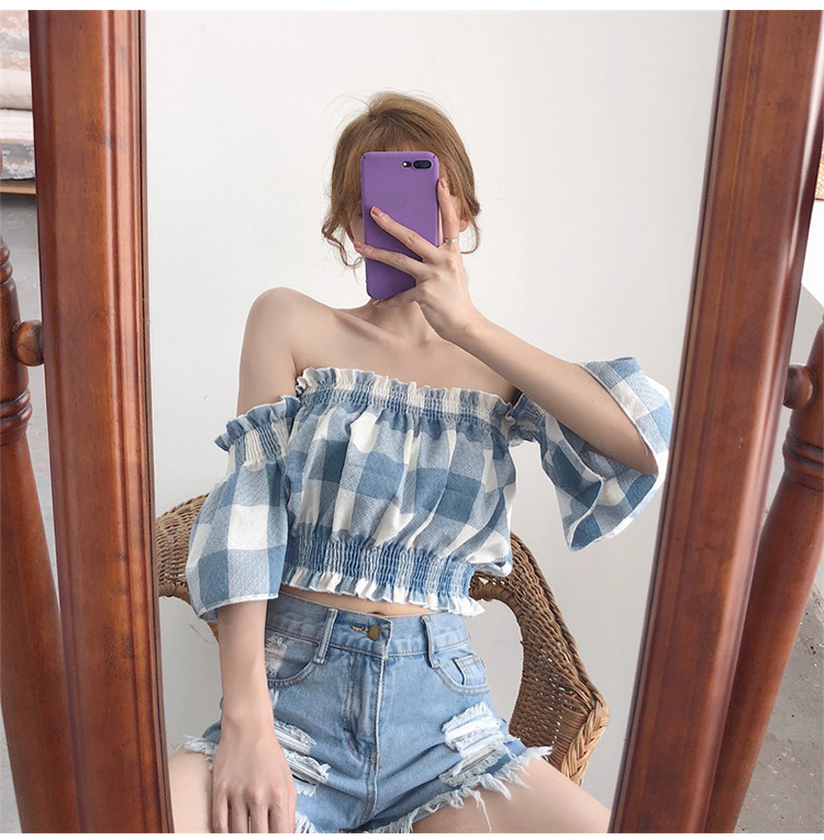 Small Shirt Clavicle Strapless Retro Hepburn Style French Plaid One shoulder Top Blue - Shop at LoveMi