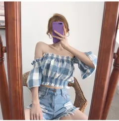 Small Shirt Clavicle Strapless Retro Hepburn Style French Plaid One-shoulder Top - Blue - View 1