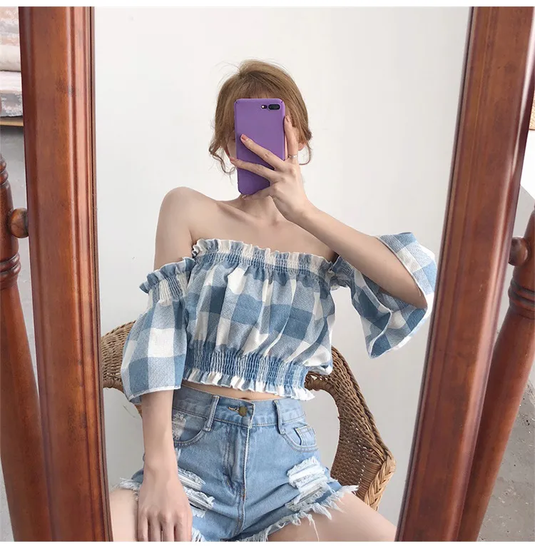 Small Shirt Clavicle Strapless Retro Hepburn Style French Plaid One-shoulder Top - Blue
