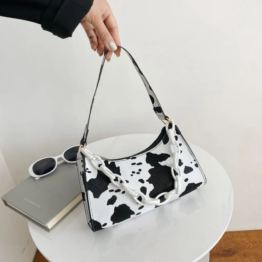 Cow Pattern Underarm Net Red Texture Ladies Bag - White