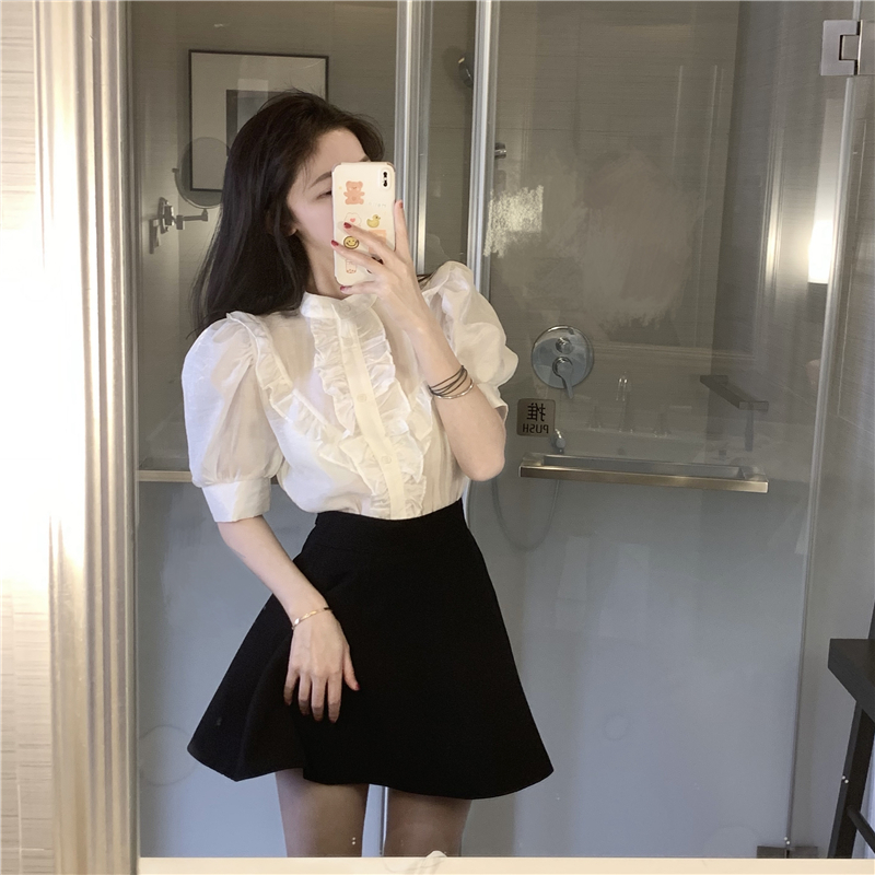Shirt Women''s Short Ruffle Design Minority White Short Sleeve Shirt Summer French Thin Bubble Sleeve Top