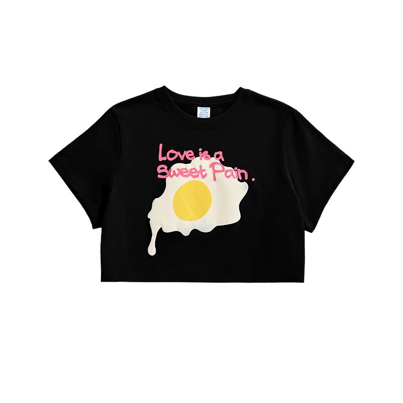 Spring And Summer New Net Red Egg Print Short Sexy Short-Sleeved T-Shirt With Navel Exposed And Thin Ladies