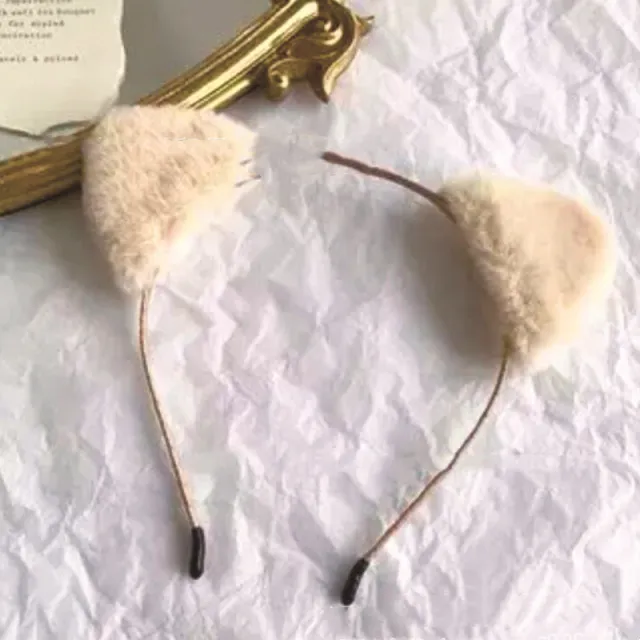 Cat Ears Headband Furry Cute Girl Super Cute New Headwear Beige - Shop at LoveMi