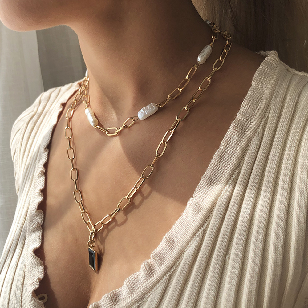 European And American New Style Bamboo Chain Necklace Female Personality Punk Hip Hop Pendant Multi-Layer Pearl Clavicle Chain Hot Sale