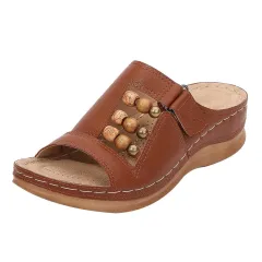Large Size Round Head Beaded Women's Casual Platform Wedge Slippers - Khaki - View 1