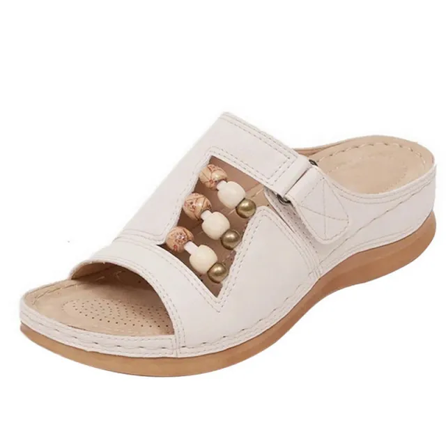 Large Size Round Head Beaded Women's Casual Platform Wedge Slippers White - Shop at LoveMi