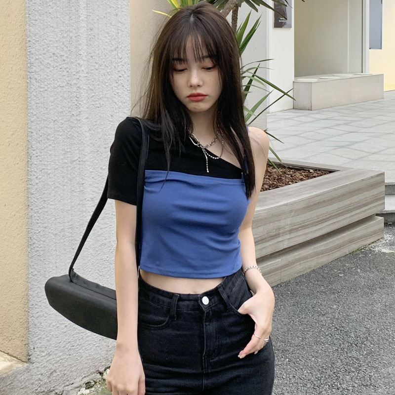 Fake Two-Color Contrast Bm Wind T-Shirt Female Summer Black Hot Girl Strapless Short