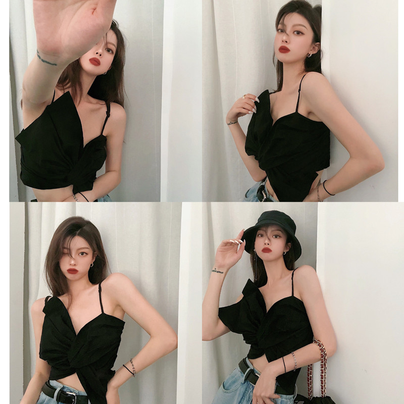 Wearing A Beautiful Back French Design Sense Niche Bowknot Short Black Inner Top