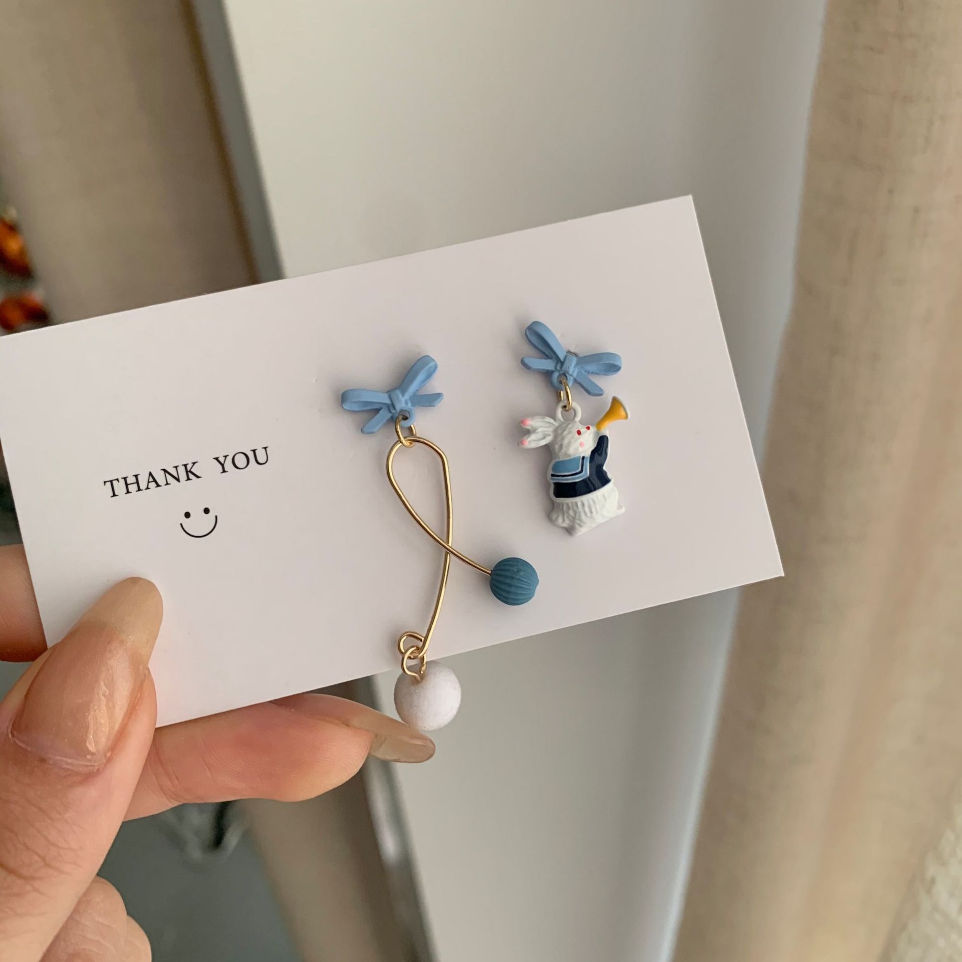 S925 Silver Needle Trendy Girl Bow Earrings Cute Bunny Earrings Temperament Asymmetrical Earrings Ear Clips