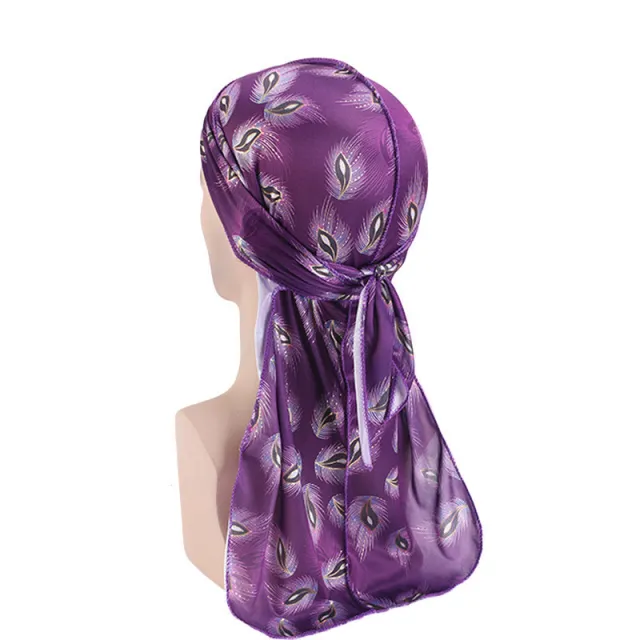 Faux Silk Bronzing Print Long Tail Pirate Hat Hip Hop Cloak Headscarf Purple - Shop at LoveMi