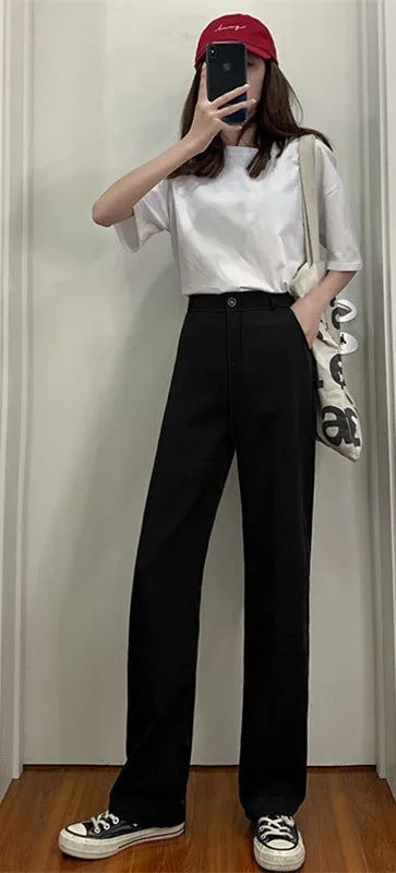 High Waist Drape Is Thin Black Straight Loose Casual Suit Spring And Autumn Mopping The Floor - 3 Color