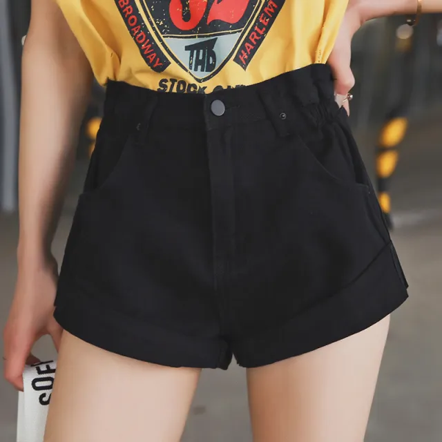 High Waist Denim Shorts Women'S Elastic Waist Waist Cuffed Wide Leg Pants Shorts Loose Black - Shop at LoveMi