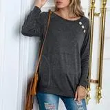 T Shirt Round Neck Raglan Button Stitching Long Sleeves Grey - Shop at LoveMi