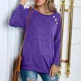 T Shirt Round Neck Raglan Button Stitching Long Sleeves Blue Purple - Shop at LoveMi