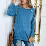 T Shirt Round Neck Raglan Button Stitching Long Sleeves Blue - Shop at LoveMi