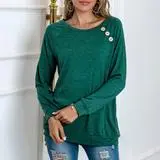 T Shirt Round Neck Raglan Button Stitching Long Sleeves Green - Shop at LoveMi
