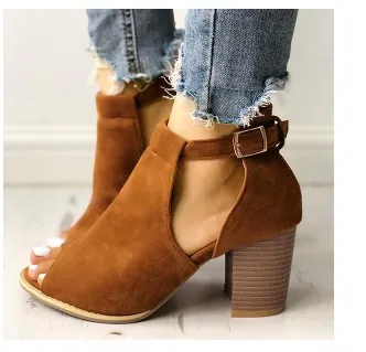 Fish Mouth Super High Heel Thick Heel Women Sandals Brown - Shop at LoveMi