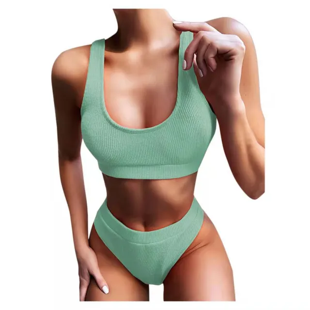Sexy Knitting Bikini Female Swimsuit High Waist Swimwear Women Solid Bikini Set Two Pieces Swimsuit Bathing Suit Beachwear Green - Shop at LoveMi