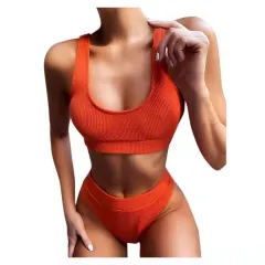Sexy Knitting Bikini Female Swimsuit High Waist Swimwear Women Solid Bikini Set Two Pieces Swimsuit Bathing Suit Beachwear - Orange - View 1