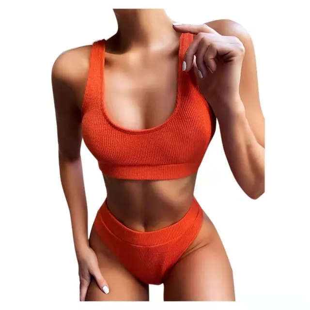 Sexy Knitting Bikini Female Swimsuit High Waist Swimwear Women Solid Bikini Set Two Pieces Swimsuit Bathing Suit Beachwear Orange - Shop at LoveMi