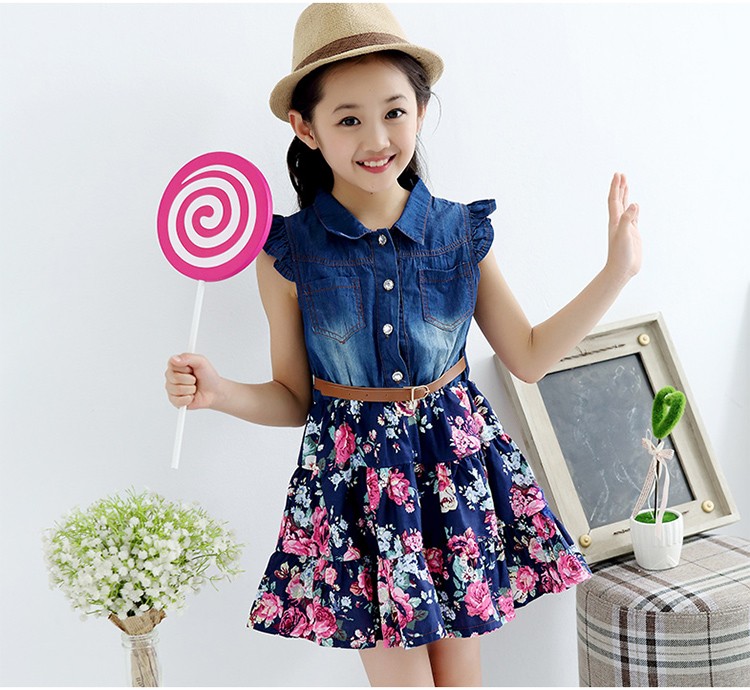 New Girls Medium And Large Denim Big Flower Sand Wash Skirt Factory Direct Sale One Piece Dropshipping