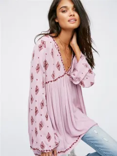 Bohemian Embroidered Vacation Long Sleeve Loose Tunic - Purple - View 1