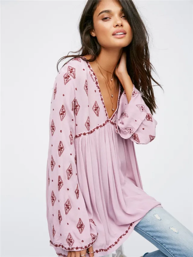 Bohemian Embroidered Vacation Long Sleeve Loose Tunic Purple - Shop at LoveMi