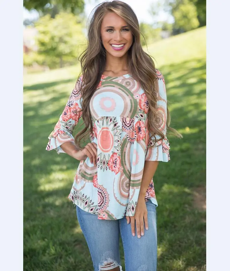 European And American Fashion Women's Round Collar Printed Flared Sleeves - Red
