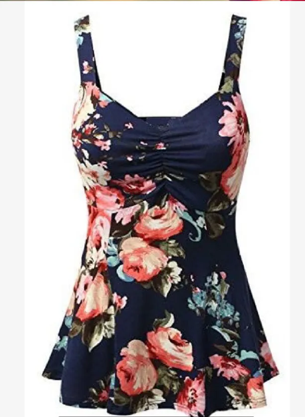 Sources Printed Square Collar Ladies Blouse Small Sling - Navy