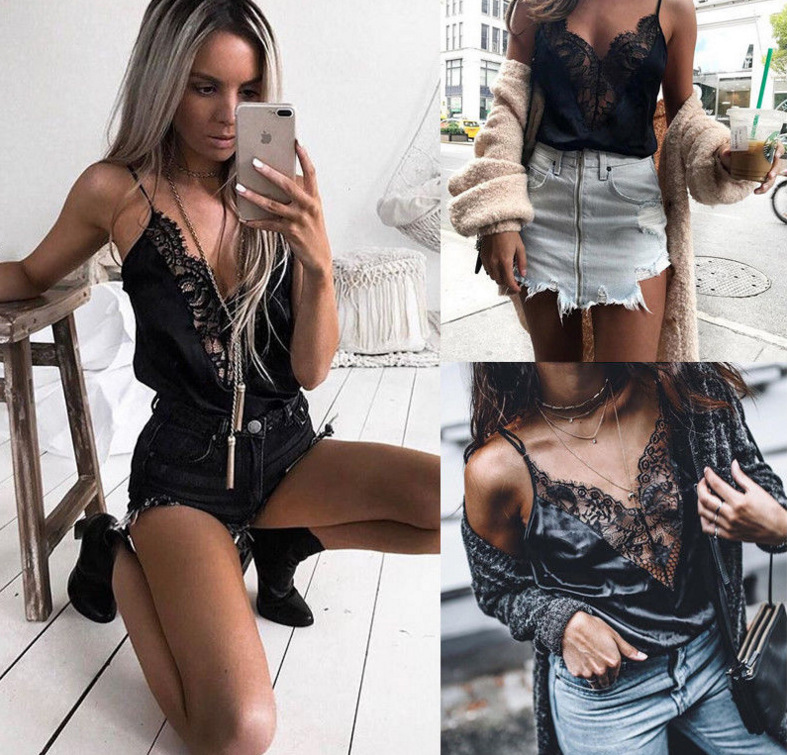 Fashion Sleeveless Backless V-neck Eyelash Lace Sling