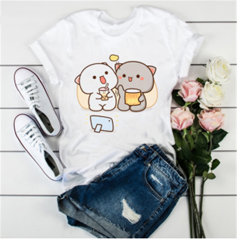 Title 1, Cute Cat Cartoon Print Loose Casual Student T-s...