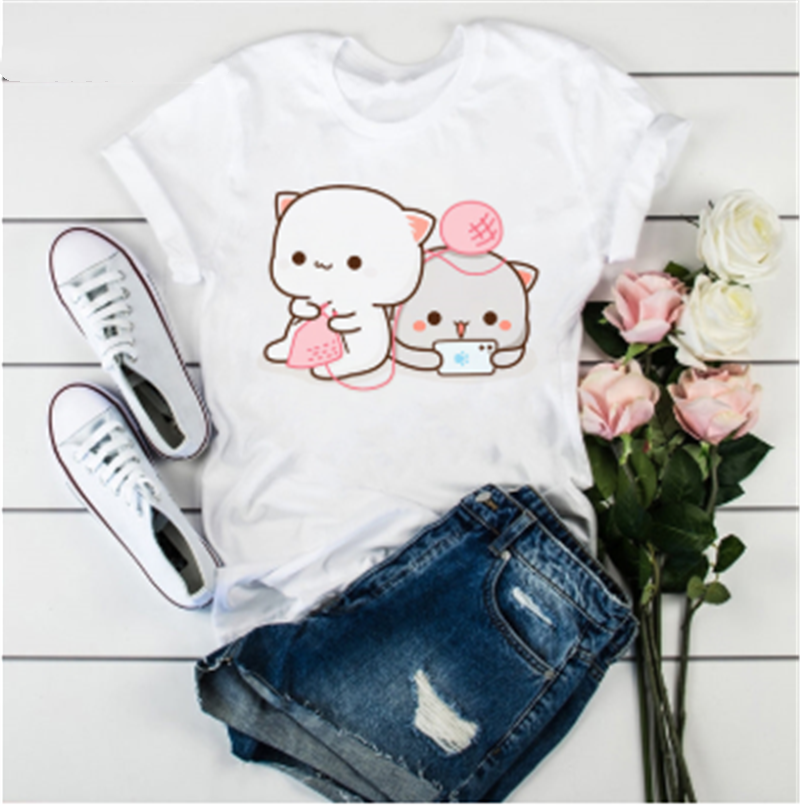 Title 4, Cute Cat Cartoon Print Loose Casual Student T-s...