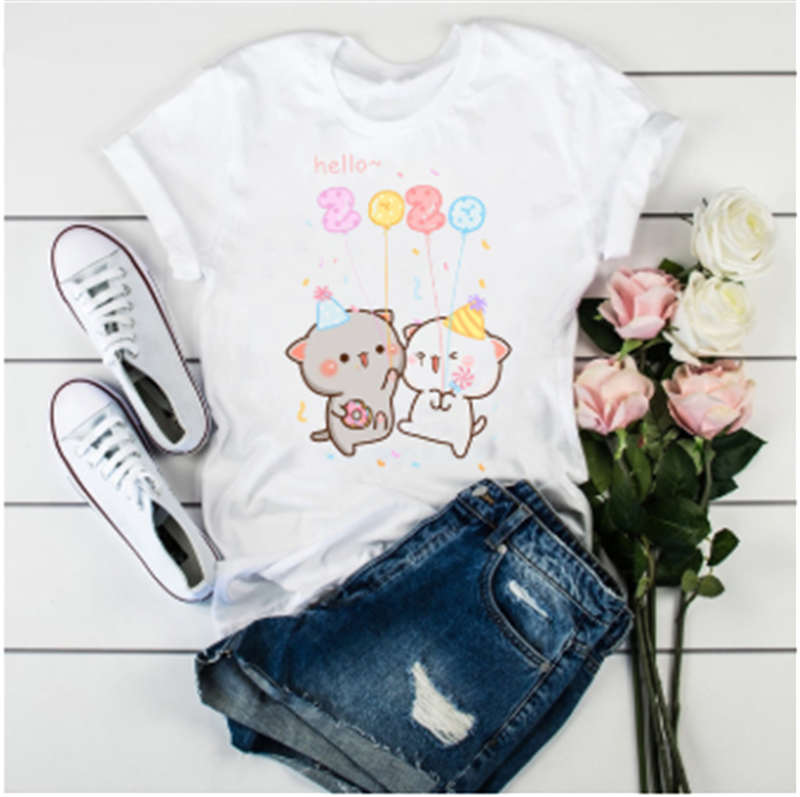 Title 7, Cute Cat Cartoon Print Loose Casual Student T-s...